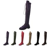 Women's Suede Knee-High Boots, Ladies Over The Knee Boots, Lace up and Side Zipper Combat Knitted Shaft, Durable Comfortable Soft Bottom Low Flat Heel Riding Shoes Size 6.5 Purple