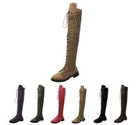 Women's Suede Knee-High Boots, Ladies Over The Knee Boots, Lace up and Side Zipper Combat Knitted Shaft, Durable Comfortable Soft Bottom Low Flat Heel Riding Shoes Size 6.5 Khaki
