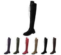 Women's Suede Knee-High Boots, Ladies Over The Knee Boots, Lace up and Side Zipper Combat Knitted Shaft, Durable Comfortable Soft Bottom Low Flat Heel Riding Shoes Size 4.5 Black