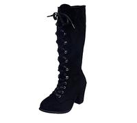 Women's Suede Knee High Lace Up Boots Block Heel Mid Calf Booties Retro Victorian Style Round Toe Side Zip Long Tube Shoes Autumn Winter Office Party Fashion Footwear Elegant Aesthetic Walking Shoes