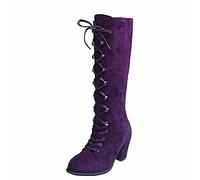 Women's Suede Knee High Lace Up Boots Block Heel Mid Calf Booties Retro Victorian Style Round Toe Side Zip Long Tube Shoes Autumn Winter Office Party Fashion Footwear Elegant Aesthetic Walking Shoes
