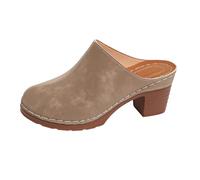 Womens Suede Leather Clogs 2026 Chunky Block Heel Closed Toe Slip on Backless Mules Sandals Wide Fit Slippers Comfy Shoes, Khaki, 5