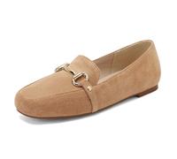 Women's Suede Loafers Square Toe Flat Slip On Shoes | Gold metal buckle detail 1cm flat sole soft suede upper British style sizes 36 to 48