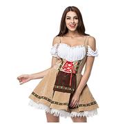 Women's Suede Look Bavarian Dirndl Dress Elegant German Oktoberfest Costume | Vintage German Oktoberfest Outfit Off the Shoulder Short Oktoberfest Maid Fancy Dress Costume for Halloween Carnival
