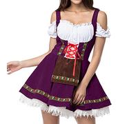 Women's Suede Look Bavarian Dirndl Dress Elegant German Oktoberfest Costume | Vintage German Oktoberfest Outfit Off the Shoulder Short Oktoberfest Maid Fancy Dress Costume for Halloween Carnival