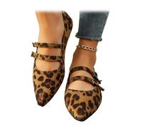 Womens Suede Mary Jane Flats, Double Strap Mary Jane Casual Slip-On Flats, Breathable Closed Toe Dressy Ballet Shoes (Leopard,3.5)