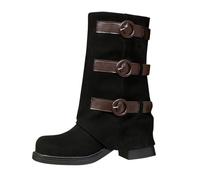 Women's Suede Mid-Calf Block Heel Boots Triple Buckle Strap