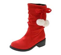 Womens Suede Mid Calf Boots Lace Up with Side Pom Anti-Slip Round Toe Low Shoes Chunky Fall Winter Christmas Warm Boots (Red,6.5)