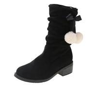 Womens Suede Mid Calf Boots Lace Up with Side Pom Anti-Slip Round Toe Low Shoes Chunky Fall Winter Christmas Warm Boots (Black,6.5)
