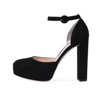 Women's Suede Platform Block Heel Pumps Fashion Ankle Strap Buckle Round Toe Party High Heels Vintage Closed Toe Mary Jane Prom Dress High Pumps Shoes,Black,12 UK