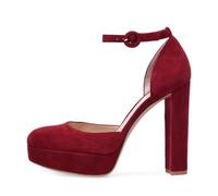 Women's Suede Platform Block Heel Pumps Fashion Ankle Strap Buckle Round Toe Party High Heels Vintage Closed Toe Mary Jane Prom Dress High Pumps Shoes,Red,14 UK