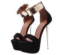 Women's Suede Platforms High Heels Shoe Fashion One Word Belt Plus Size Stiletto Sandals Slip On Metal Ankle Strap Back Zipper Backless High Heels(Black,5 UK)