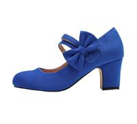 Women's Suede Pumps - Block Heel, Round Toe, Babies Dance Shoes, Double Strap with Bow Decorative, Classic Retro Style for Party, Outing, Office, Spring, Autumn and Casual, 01 Blue, 10.5 UK