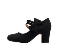 Women's Suede Pumps - Block Heel, Round Toe, Babies Dance Shoes, Double Strap with Bow Decorative, Classic Retro Style for Party, Outing, Office, Spring, Autumn and Casual, 01 Black, 6 UK