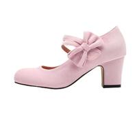 Women's Suede Pumps - Block Heel, Round Toe, Babies Dance Shoes, Double Strap with Bow Decorative, Classic Retro Style for Party, Outing, Office, Spring, Autumn and Casual, 01 Pink, 4 UK