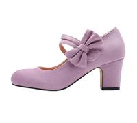 Women's Suede Pumps - Block Heel, Round Toe, Babies Dance Shoes, Double Strap with Bow Decorative, Classic Retro Style for Party, Outing, Office, Spring, Autumn and Casual, 01 Light Lilac, 4 UK
