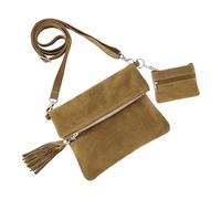 Women's Suede Real Leather Messenger Bag Fold-Over Crossbody Bag With Coin Pouch 0686 (Camel)