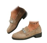 Women's Suede Rhinestone Loafers, Comfort Low Heel Office Penny Loafer Flats Slip-On Wide Moccasins Dress Shoes for Daily Office Walking (Beige,38EU)