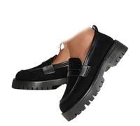 Womens Suede Slip-On Leopard Loafers Shoes, Platform Chunky Penny Loafer Orthopedic Platform Loafers Comfortable Suede Moccasins for Work Office (Black,6)