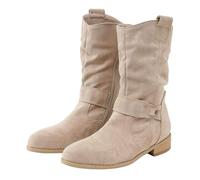 Womens Suede Slouch Boots Wide Fit Mid Calf Boots Ladies Chunky Heel Wide Calf Slip on Boot Plus Size Casual Pull on Boot with Side Zip Non Slip Waterproof Short Booties for Women UK Size 3-8 Beige