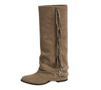 Womens Suede Slouch Boots, Women's Suede Fold Over Biker Knee High Boots Tassels and Belt Buckle Pointed Toe Slouchy Chunky Heel Pull On Long Booties Cowgirl Block Heels Fringe Dress Shoes Khaki