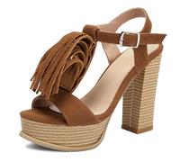 Women's Suede T Strap Tassel Platform Sandals Chunky Block Heel Open Toe Dressy Heels Court Shoes for Summer Vacation & Evening Party Fringe Detail,Brown,3 UK