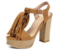 Women's Suede T Strap Tassel Platform Sandals Chunky Block Heel Open Toe Dressy Heels Court Shoes for Summer Vacation & Evening Party Fringe Detail,Yellow,4 UK