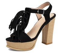 Women's Suede T Strap Tassel Platform Sandals Chunky Block Heel Open Toe Dressy Heels Court Shoes for Summer Vacation & Evening Party Fringe Detail,Black,12 UK