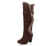 Womens Suede Winter Boots Knee High with Faux Fur Trim Block Heel Buckle Detail for Lodge Retreat Wear,Brown,6 UK