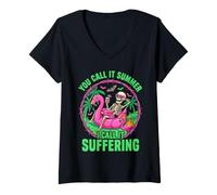 Women's Suffering Summer Skeleton Flamingo Float Humor V-Neck T-Shirt