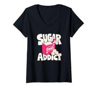 Women's Sugar Addict Lover Retro Graphic V-Neck T-Shirt