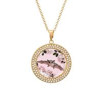 Women's Sugar Glider over Cherry Blossoms Diamond Necklace Round Pendant Necklace 19.7 Inch Adjustable Chain Memorial Necklaces for Friendship Couple Everyday Wear Jewelry Gift for Girlfriend Wife Mom