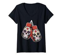 Womens Sugar Skull Boxing Gloves Day of The Dead V-Neck T-Shirt