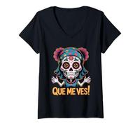 Womens Sugar Skull Que VES Perra! Girl Funny Day of The Dead V-Neck T-Shirt