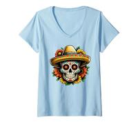 Womens Sugar Skull with Sombrero DE Los Muertos Mexico Day V-Neck T-Shirt