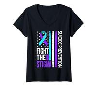 Womens Suicide Prevention Support Fight The Stigma Vintage USA Flag V-Neck T-Shirt