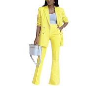 Women's Suit Business Office Lady Pant Suits Ol Slim Long Sleeve Blazer Jackets Bootcut Trousers Formal Work Wear 2 Pieces Set Suit Wedding Party Suits,Yellow,M