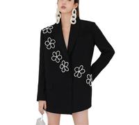 Women's Suit Jacket Spring Autumn Vintage Pearl Flower Embellished Black Blazer Elegant Coat Black M