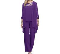 Womens Suit Womens Chiffon 3 Piece Set Including Tank Top 7 Sleeve Cardigan Long Pants Wedding Mom Dress Womens Elegant Round Neck Lace High Waisted Straight Leg Pants (Purple,XXL)