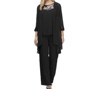 Womens Suit Womens Chiffon 3 Piece Set Including Tank Top 7 Sleeve Cardigan Long Pants Wedding Mom Dress Womens Elegant Round Neck Lace High Waisted Straight Leg Pants (Black,XL)