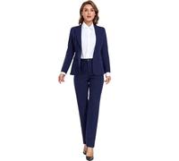 Women's Suiting 2 Piece Lady Formal Solid Jacket Outfit Business Office One Button Blazer Pant Slim Fit Suit Set for Work, Navy, Medium