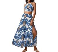 Womens Summer 2 Piece Boho Tropical Print Set Tie Back Cami Crop Top Elastic Waist Side Slit Maxi Skirt Vacation Beach (Blue,XL)