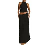 Women's Summer 2 Piece Maxi Skirt Set Y2k Sleeveless Crop Tank Top Vest Flowy Ruffle Long Skirt Outfits Going Out Beachwear (A-Black, L)