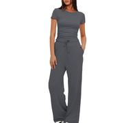 Women's Summer 2 Piece Outfits 2025 Cap Sleeve Ruched Slim T Shirt Ribbed Knit Wide Leg Pant Sets Tracksuit Outfits for Women Lounge Set Trouser Suits Leisure Wear Sets
