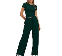 Women's Summer 2 Piece Outfits 2025 Cap Sleeve Ruched Slim T Shirt Ribbed Knit Wide Leg Pant Sets Tracksuit Outfits for Women Lounge Set Trouser Suits Leisure Wear Sets