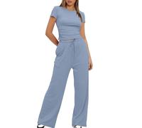 Women's Summer 2 Piece Outfits 2025 Cap Sleeve Ruched Slim T Shirt Ribbed Knit Wide Leg Pant Sets Tracksuit Outfits for Women Lounge Set Trouser Suits Leisure Wear Sets
