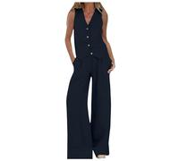 Women's Summer 2 Piece Outfits 2025 Sleeveless Button Down V Neck Vest Wide Leg Patchwork Pant Sets Casual Tracksuit