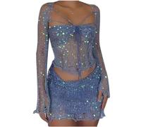 Womens Summer 2 Piece Outfits Lounge Set Fashion Knit Hollow Out Long Sleeve Tops and Short Skirt Sets Sexy Crochet Bodycon Mini Skirts Outfits Pajama Set Travel Beach Wear