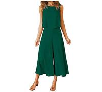 Women's Summer 2 Piece Outfits Round Neck Crop Basic Tops Wide Leg pants Set Jumpsuit Tracksuit Womens Full Set Sleeveless Tank and Wide Leg Trouser Soft Sportswear Palazzo Pants UK Clearance
