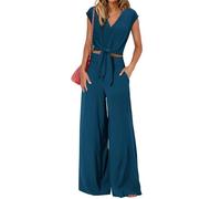 Women's Summer 2 Piece Outfits V Neck Cap Sleeve Shirt Belted Crop Tops Wide Leg Pant Sets Casual Vacation Tracksuit (Teal,L)